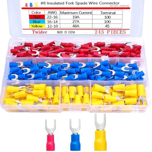 Twidec/245PCS Insulated Fork Spade Wire Connector 22-16/16-14/12-10 Gauge #8 Quick Splice Crimp U-Type Terminal Connectors Assortment Kit N-021-245PCS