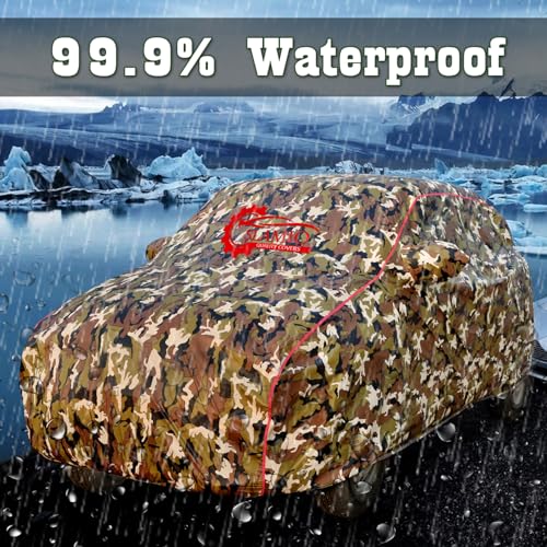 Image of Waterproof Car Body Cover for Range Rover Velar with Mirror Pocket, Soft Cotton Lining, Triple Stitched, Full Bottom Elastic (Heat Resistant Jungle Print with Red Piping)