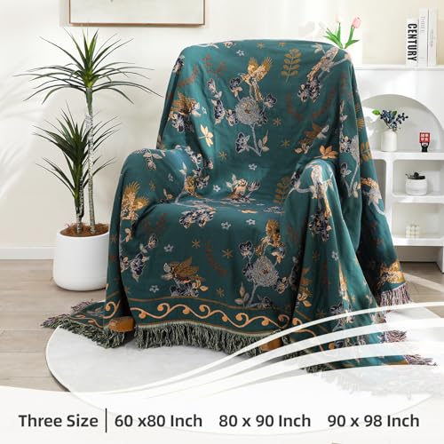 Boho 100% Cotton Large Throw Blanket - All Season Rustic Ultra Soft Breathable Floral Bird Blanket for Bed Sofa Couch Chair Bedspread Quilt Gift, 80" x 90"-Teal/Beige