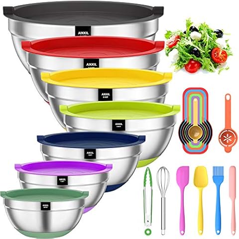 Mixing Bowls with Airtight Lids, 20 Piece Stainless Steel Metal Nesting Bowls, AIKKIL Non-Slip Colorful Silicone Bottom, Size 7, 3.5, 2.5, 2.0,1.5, 1,0.67QT, Great for Mixing, Baking, Serving Cover