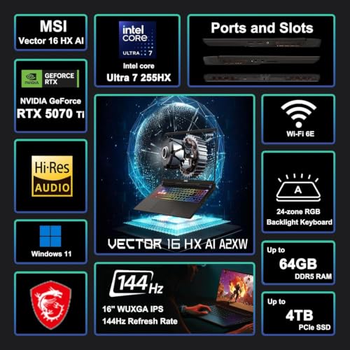 Image of msi Vector 16 HX AI Gaming Laptop 16 inch WUXGA IPS 144Hz Intel 20-core Ultra 7 255HX (>i9-14900HX) 64GB DDR5 2TB SSD GeForce RTX 5070 Ti RGB Backlit Thunderbolt5 Win11 ICP Hub