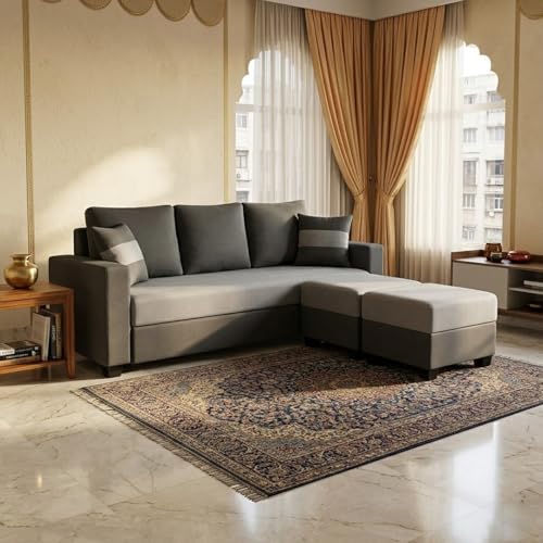 Image of FURNY Aura 5 Seater L Shape Sofa Set with 2 Movable Ottoman | Flexible Left or Right Layout | Plush Velvet Fabric (Light Grey-Dark Grey) | Perfect for Living Room, Guest Room & Office