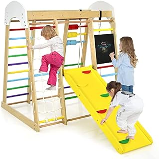 Maxmass Kids Climbing Frame, 8-in-1 Wooden Climber Playground with Slide, Monkey Bars, Drawing Board, Abacus and Swing, Multifunctional Jungle Gym Playset for Indoor & Outdoor (Colorful)