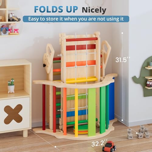Image of BlueWood 10-in-1 Pikler Triangle Set, Toddler Climbing Toys Indoor, Montessori Climber, Baby Jungle Gyms with Arch, Extra Rope Ladder & Footprint Balance Beam - Neon Aurora