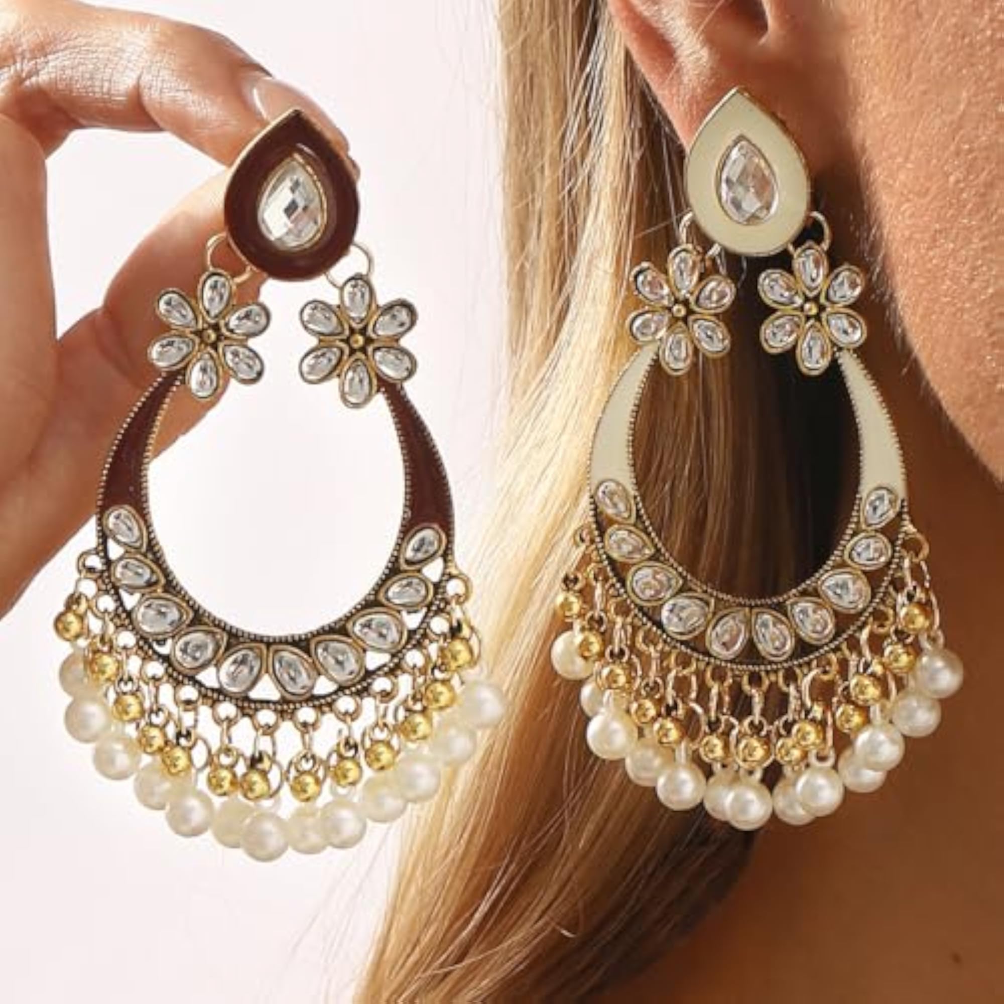 Women's Off White Water Drop Pearl Tassel Earrings, Ethnic Style
