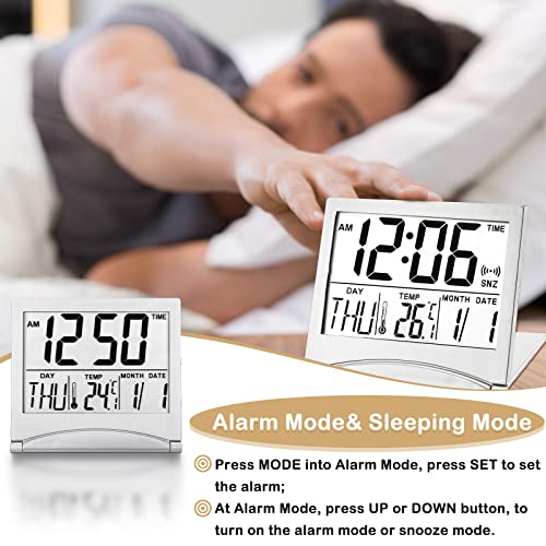2 Pieces Digital Travel Alarm Clock Battery Operated Foldable Lcd Clock With Calendar Temperature Snooze Mode Multifunction Small Desk Clock Portable Clock Large Display Desk Clock (Silver) #TOP6