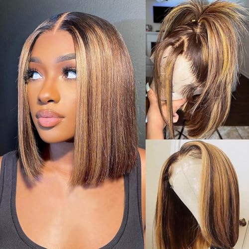 Bob Wig Human Hair 4/27 Honey Blonde Ombre 13x4 Lace Front Wigs 8 Inch