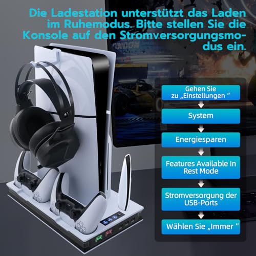 Wigearss PS5/PS5 Slim/PS5 Pro Kühler Standfuß mit Dual Controller Ladegerät, PS5 Controller Ladestation Standfuß mit Lüfter für PS5/PS5 Slim/PS5 PRO UHD/Digital Edition 3