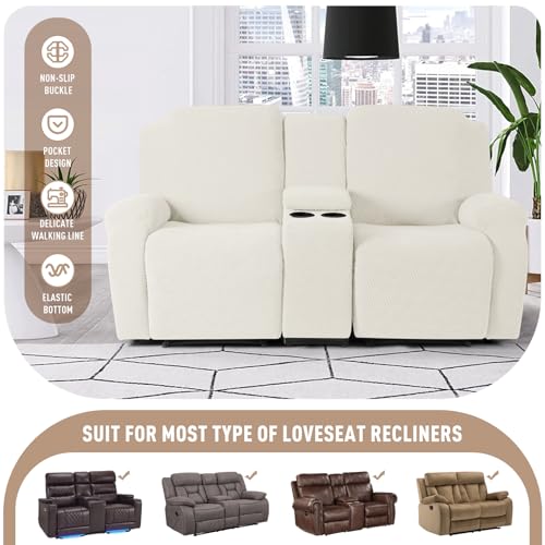 Image of KinCam Loveseat Recliner Covers with Middle Console Slipcover, Recliner Sofa Covers 2 Seat Couch Cover Stripe Jacquard Furniture Protector Covers with Elastic Bottom for Kids, Pets(Cream)