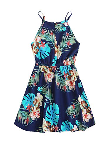 Romwe Girl's Boho Floral Print Sleeveless Swing Cami Skater Dress Sundress Navy 11-12Y #TOP1