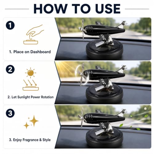 Image of Solar Powered Car Dashboard Perfume Diffuser with 360 Rotating Aeroplane Glider 2026, Plant-Based Organic Fragrance | Imported Airplane Design | Air Freshener & Interior Decoration | Black