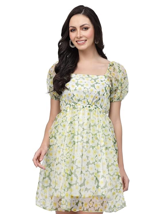 Image of Women Floral Organza Skater Dress Fit & Flare Short Dress Knee Length,Sizes S-XXL