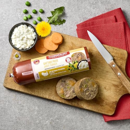 Fleischeslust Futterbox Junior Saftige Pute (8x400g) Hundewurst Alleinfutter, Nassfutter-Wurst schnittfest & getreidefrei, Hundefutter für Junge Hunde