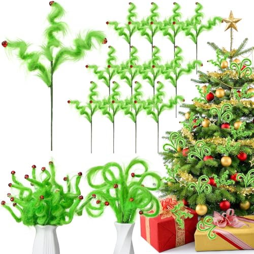 Daifunli 12 Pcs Christmas Tree Topper 16'' Lime Green Fur Picks Decoration Furry Curly Stems Xmas Tree Ornament Accessories for Christmas Tree Decoration Holiday party Vase Fillers Supply Gift