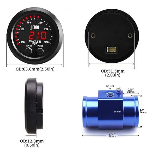 Miniatura 3 de Medidor universal de temperatura del agua de 2.047 in 0-300F (-17  187C) LED digital rojo electrónico DC12V para automóvil automotriz con adaptador