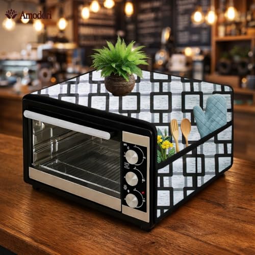 Image of Microwave Oven Top Cover 35x100 cm | Wipe Clean Fabric | 4 Utility Pockets (Geometric-17)