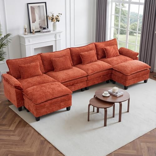 Image of IPKIG 151 inch Modular Cloud Couch with Storage, U Shaped Sectional Sofa with Ottoman & Pillow, Chenille Deep Seat Sectional Couches for Living Room, Apartment, Orange