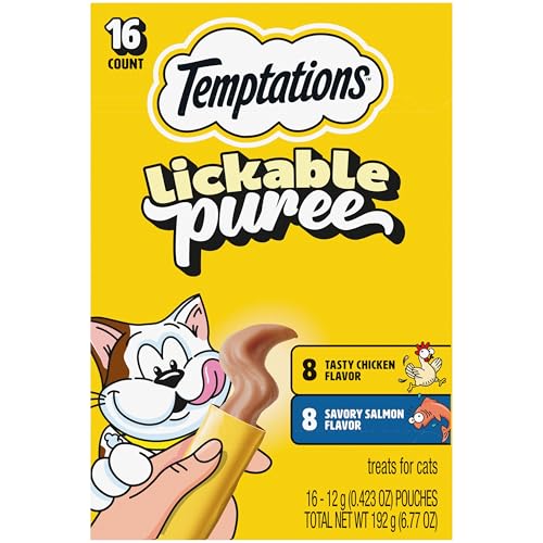 Temptations Creamy Puree Squeezable Lickable Cat Treats, Wet Cat Treats with Salmon and Chicken Variety Pack, 0.42 oz. Tubes, 16 Count
