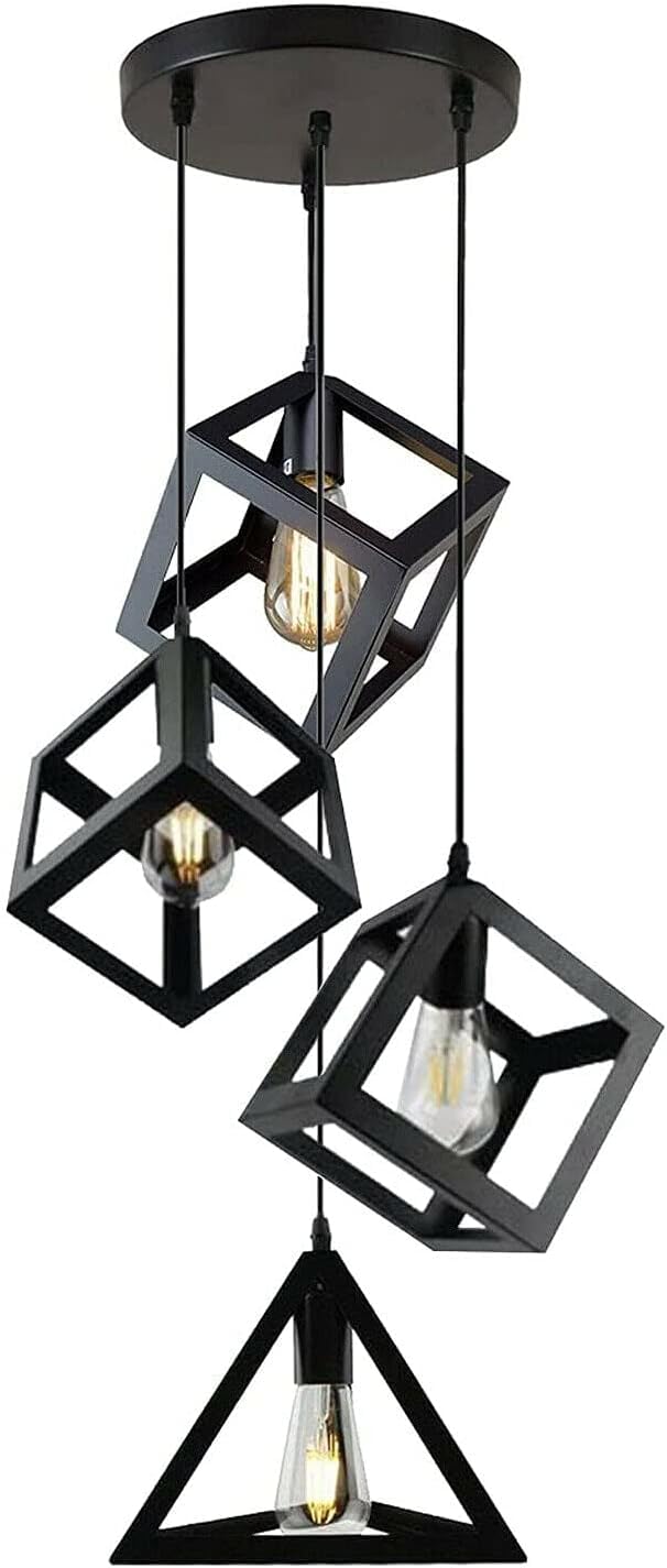 DC VOLTAGE Retro Style Ceiling Light, Loft 3 Head Chandelier, Lantern Black Metal Naked Shades, Adjustable Hanging 60W E27 Base Pendant for Kitchen, Corridor, Living Room (Mixed)