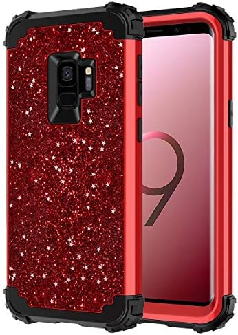 Hekodonk Compatible Galaxy S9 Case, Stars Sparkle Glitter Shiny Heavy Duty Shockproof Full-Body Protective High Impact Hybrid Cover for Samsung Galaxy S9 Bling Red