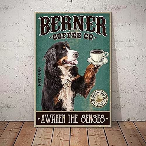 Berner Dog Retro Metal Tin Signs Berner Coffee Co. Awaken The Senses Restaurant Cafe Living Room Kitchen Home Bar Decoration Art Wall Printing Poster Plaque 8x12 Inch