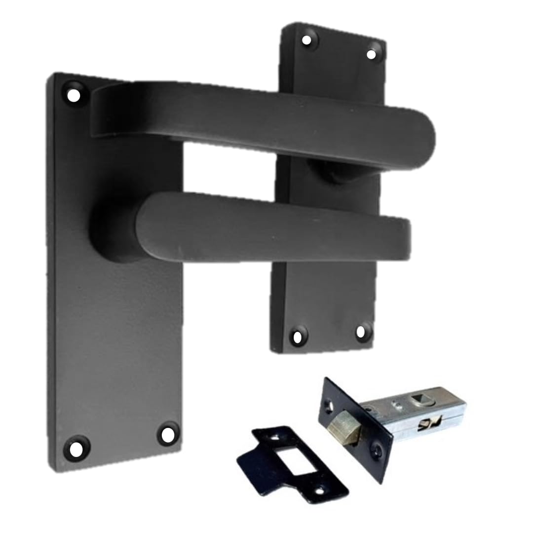 Epsom Door Handle Matt Black Straight Door Handle Set - Victorian Style Internal and External Lever Door Handles with Backplate 118mm x 42mm (Pair of Latch Handles + Tubular Latch)