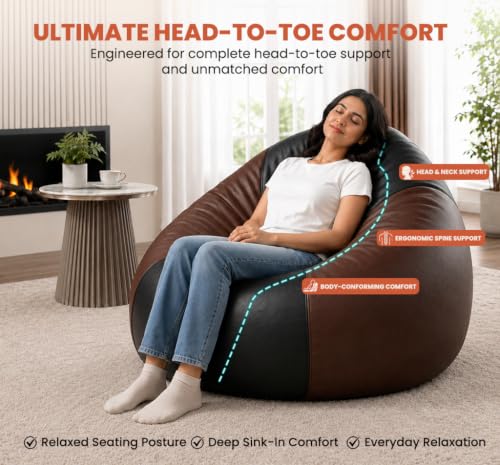 Image of Sattva Classic 4XL Bean Bag Chair with Beans Filled | Faux Leather Sofa Style Beanbags | Pre-Filled Bin Bags Sofa for Adults & Kids | Beam Bag for Home & Office - Black & Brown