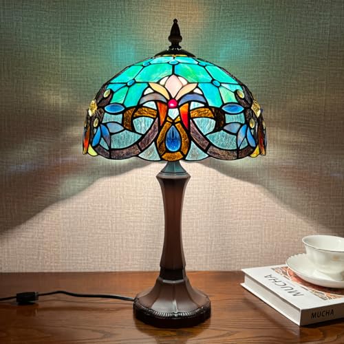 COTOSS Tiffany Table Lamp,Green Stained Glass Table Light,Antique Style Medium