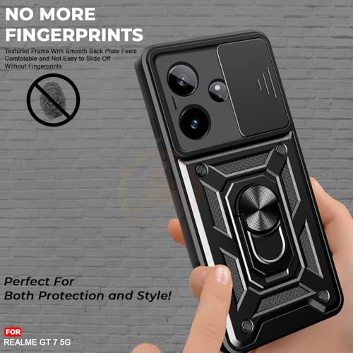 Image of Armor Bumper Back Cover Case for Realme GT 7 5G / Realme GT 7T 5G / GT 7 Dream Edition Rotating Camera Cover, Ring Holder & Kickstand | Heavy Duty & 360 Degree Protection Back Cover (Black)