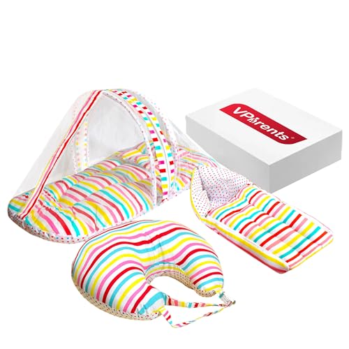 Image of VParents Mite (Stripes) Cotton Combo: Nursing Support, Mosquito Net Attached Bed and Carrying Nest