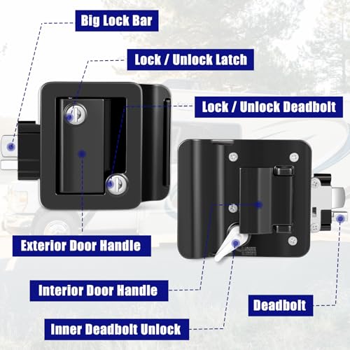 Image of RV Door Lock Replacement, 100% Metal Camper Door Handle Latch with Paddle Deadbolt, RV Enclosed Travel Trailer Entry Door Lock with Keys for Camper Horse Trailer Cargo Hauler - Black