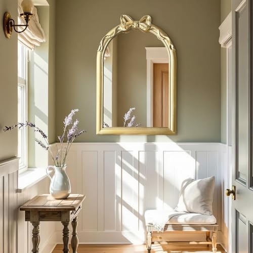 Image of 36x24 Arched Gold Bow Wall Mirror, Vintage Vanity Mirror for Bathroom & Bedroom Decor, Antique French Style Engineered Wood Frame with Ribbon Knot, Cute Coquette Aesthetic