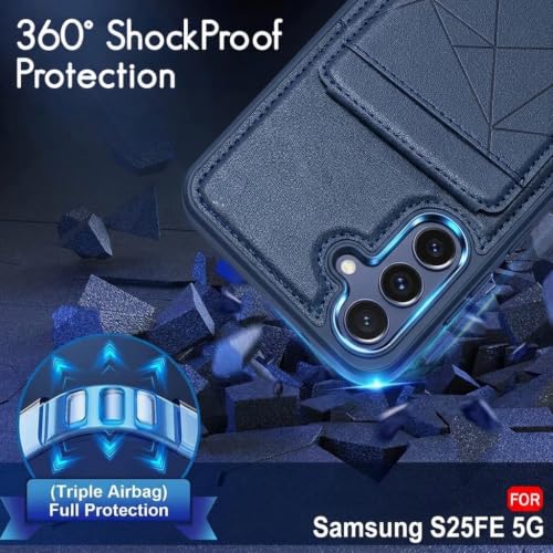 Image of amazon basics Premium Vegan Leather Back Cover with Card Holder and Integrated Mobile Stand for Samsung Galaxy S25FE 5G - Slim Shockproof Wallet Case with Geometric Stitching [Blue]