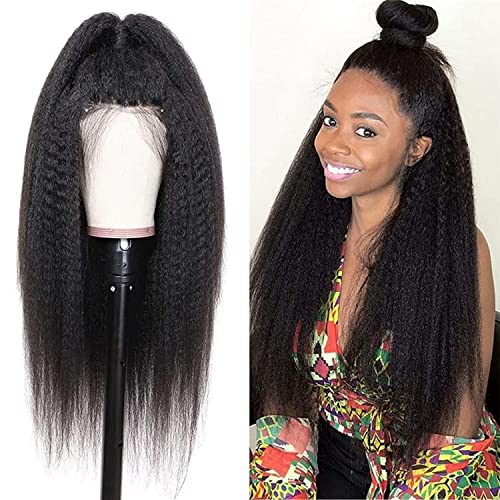 TOOCCI 13x4 Lace Frontal Perücken Echthaar Yaki Straight Perücken für Damen Kinky Straight Lace Closure Wigs Brasilianische Echthaar Perücken Schwarze 150% Dichte mit Babyhaar 18 Zoll Cover