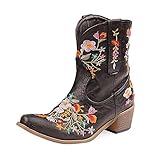 gloryinterest Cowboy Boots for Women Ankle Cowgirl Boots Western Flower Embroidered Square Toe Chunky Heel Stitched Retro Black Brown Red Blue Yellow Purple US5.5-10.5, black, 37