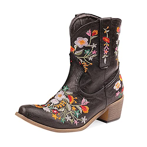 gloryinterest Cowboy Boots for Women Ankle Cowgirl Boots Western Flower Embroidered Square Toe Chunky Heel Stitched Retro Black Brown Red Blue Yellow Purple US5.5-10.5
