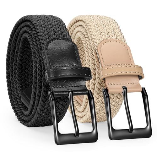 Image of SANSTHS 2 Pack Stretch Braided Elastic Belt for Men, 1 3 /8 inch Elastic Woven Belts Mens Stretch Belt for Casual Golf Jeans