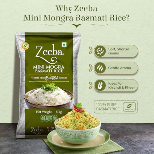 Image of Zeeba Mini Mogra Basmati Rice 5 Kg, Ideal for Khichdi, Kheer & Daily Meals (Cooked length upto 11mm*) (Pack of 3)