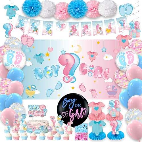 Baby Gender Reveal Party Decorations, Boy or Girl Gender Reveal Decorations Kit Including Backdrop, Banner, Balloons, Cake Toppers, Centerpieces, Hanging Swirls, and Pom poms