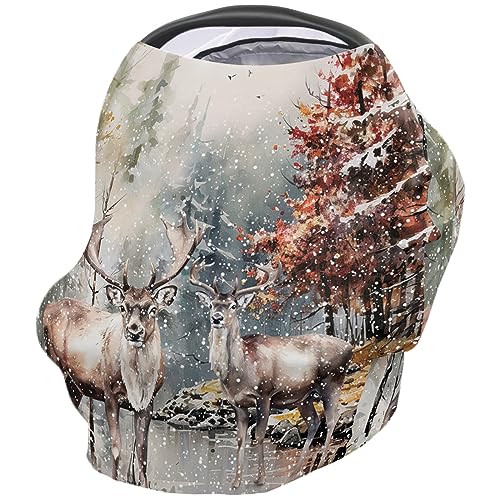 Nursing Cover for Breastfeeding Scarf, Merry Christmas Ink Painting Deer Forest Baby Car Covers Super Soft Multi Use for Canopy Shopping Cart Cover Blanket Stroller Cover