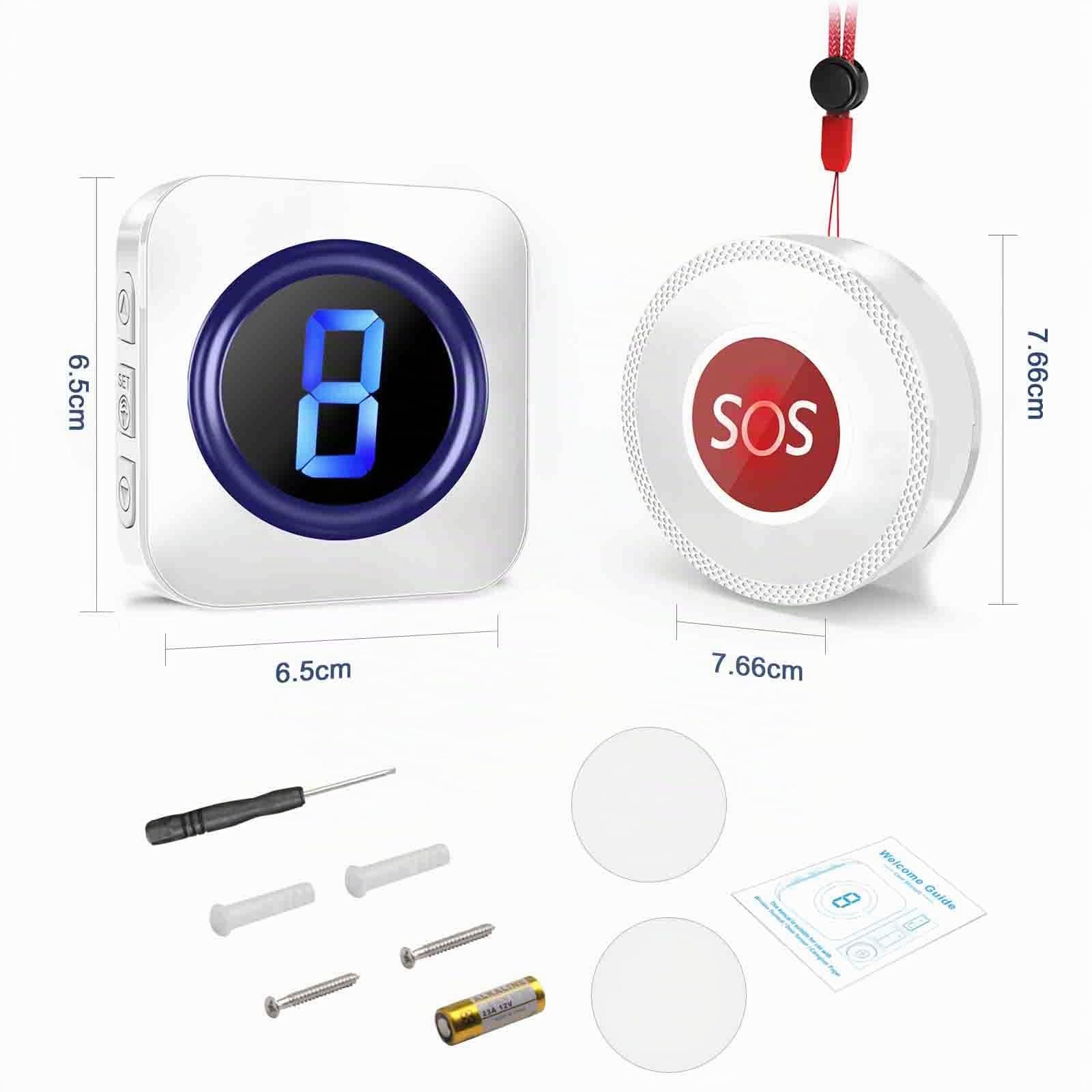 Botón de Llamada de Emergencia para Ancianos, Caregiver Pager Botón, Cuidado de Enfermería, Timbre para Personal Mayores Paciente Edad Avanzada Transmisor y Receptor de Alarma SOS Inalámbrico