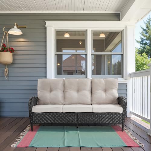 Belord Outdoor Patio Furniture - Wicker Sofa with Removable Cushion, 3 Seater Rattan Couch with Deep Seat, High Backrest, All-Weather for Balcony, Deck, Backyard, Black/Beige