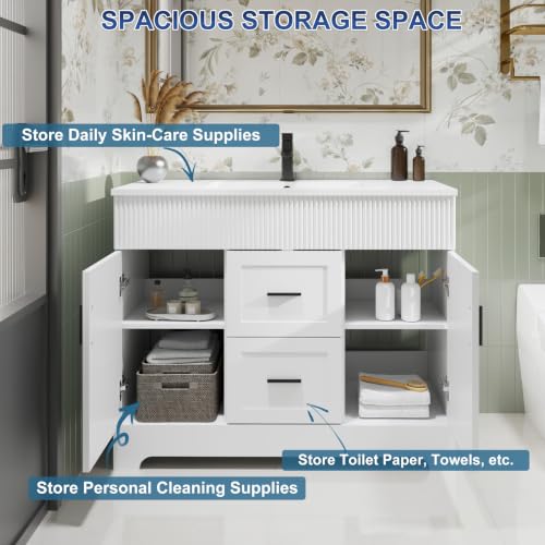 Image of eclife 42 inch Bathroom Vanities Sink Combo with Painted Surface, Modern Drawered Cabinet W /Decorative Wave Lines, Undermount Single White Sink, Matte Black Faucet Drain, White