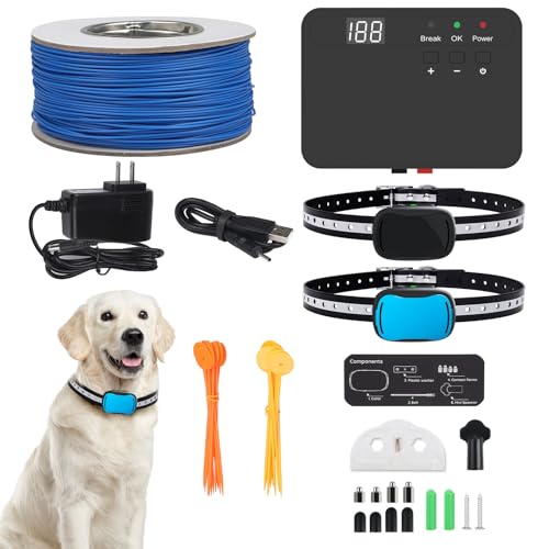 Fiveda Rechargeable Electric Dog Fence System - 220m Wire, 1 Transmitter & 2 Collars, Waterproof IPX7, Custom Shape Fence for Stubborn Dogs (4.5-50kg)