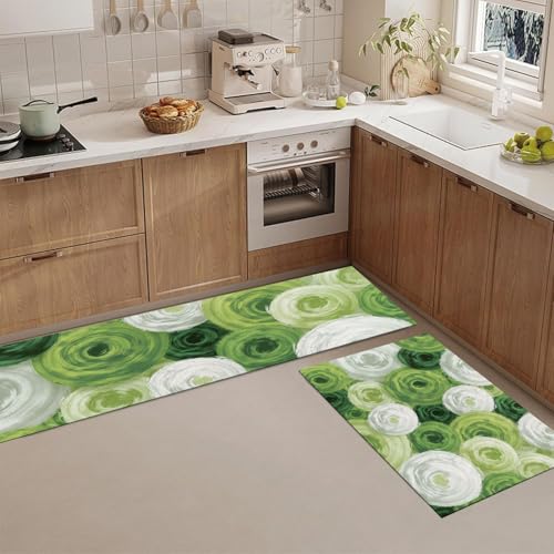 Tapis de cuisine vert (lot de 2) géométrique abstrait lavable et antidérapant - 5