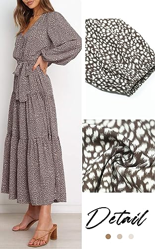 Prettygarden Women's Long Sleeve V Neck Leopard Print Ruffle Maxi Dress Tie Waist Boho Chiffon Flowy Long Dress (Coffee, Large) #TOP4