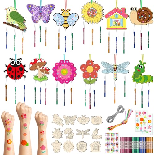 Nourdom 12 Stück Windspiele Bastelset Kinder Frühling Holz Klangspiele Set Holz Windspiel Bastelset kindergeburtstag Bastelset Frühling Kinder für Jungen Mädchen