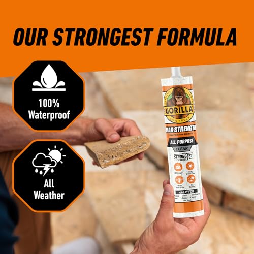 Image of Gorilla Max Strength Construction Adhesive, 9 oz Cartridge (Pack of 3), Clear, Waterproof Gap-Filling Formula for Wood Metal Tile Stone Glass Mirror Indoor Outdoor, Paintable Sandable