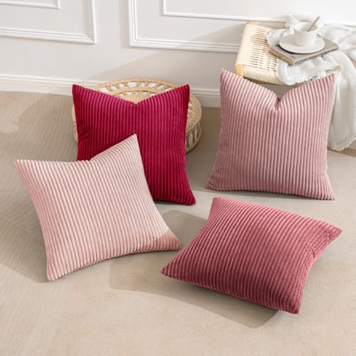 Image of MIULEE Boho Farmhouse Throw Pillow Covers 18x18 Inch Set of 4 Romantic Decorative Cushion Covers Spring Corduroy Home Decor for Feminine Valentines Couch Bed Sofa Living Room Aesthetic Pink