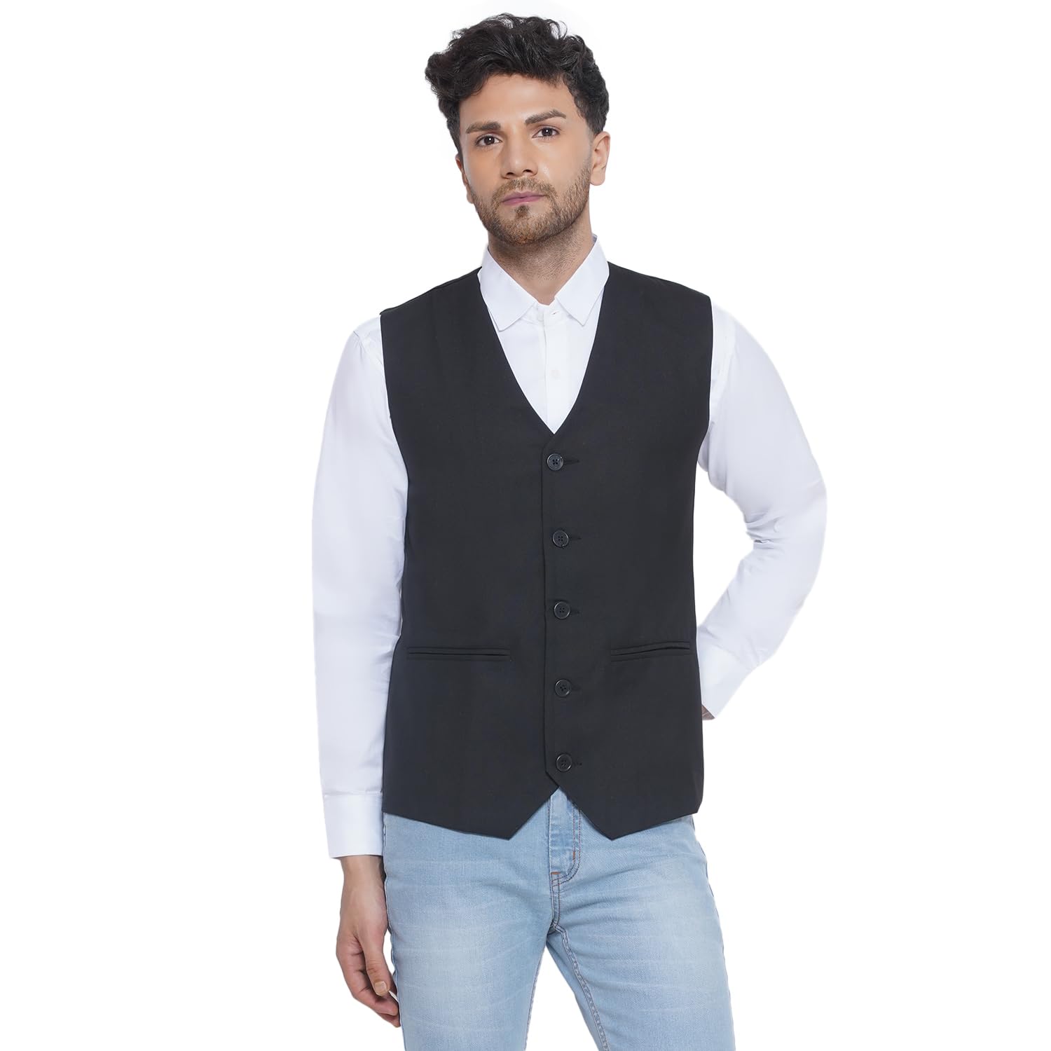 Solid Slub Waist Coat for Men (Black)